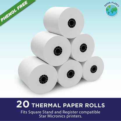 Phenol-Free Thermal Rolls for Square Register | 20 Rolls | BPS Free & BPA Free
